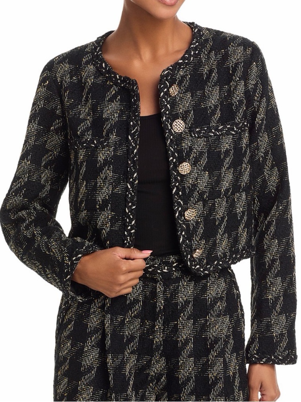Aqua Black & Gold Tweed Cropped Blazer Pants Set
